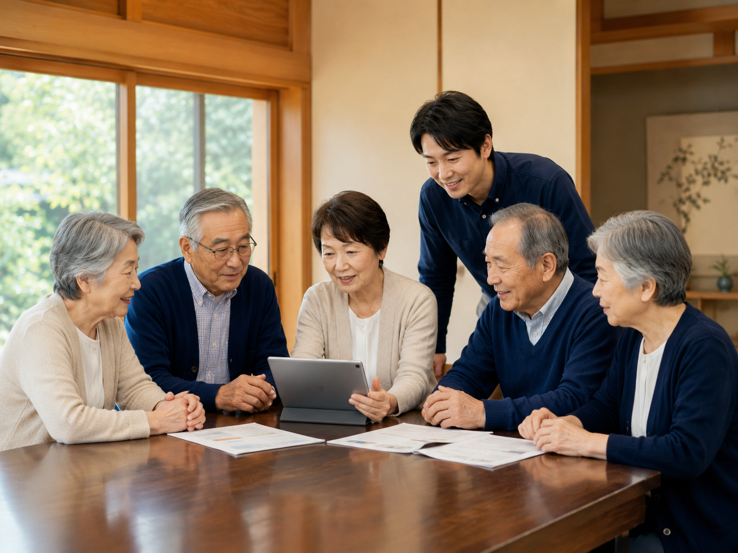 多世代の会員が一台のタブレットと資料を囲み、和やかに学び合う様子